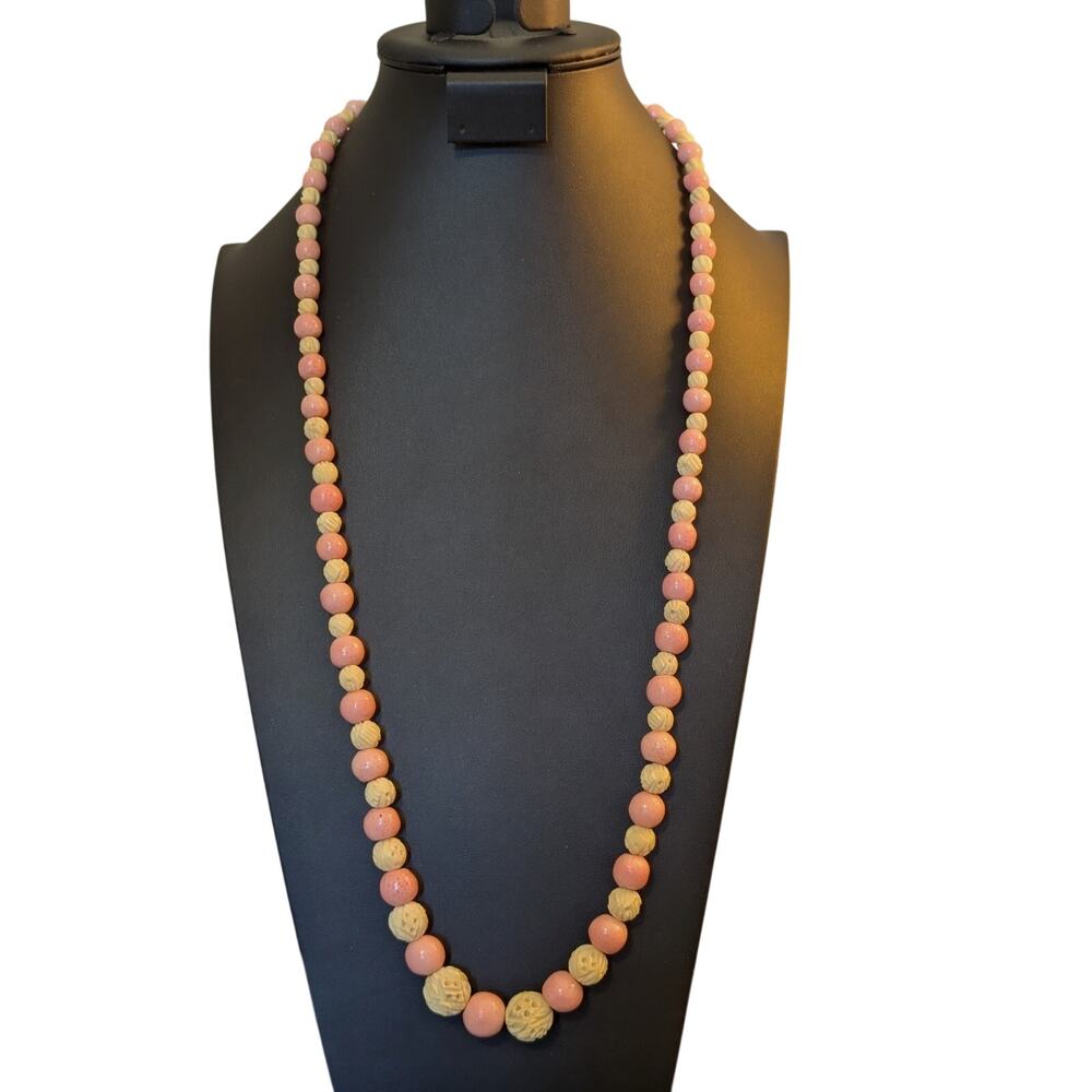 Vintage Graduated Carved Celluloid & Pink Coral Bead Broken Clasp 32" Necklace